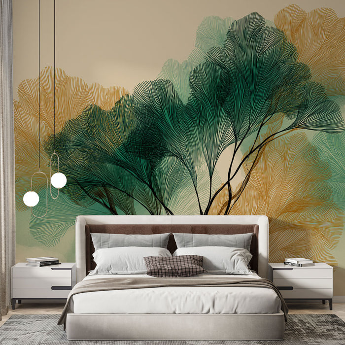 Une chambre moderne avec un papier peint représentant des feuillages stylisés en dégradés de vert et d'orange sur fond beige, créant une atmosphère apaisante et élégante.