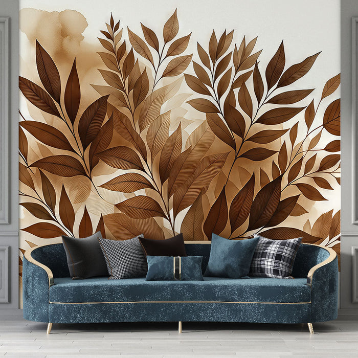Papier peint feuillage | Aquarelle aux tons chocolats avec feuillages