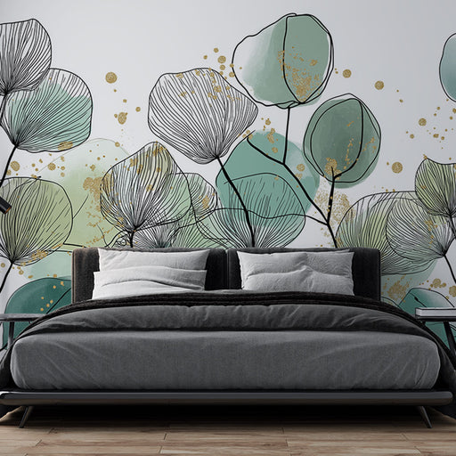 Une chambre moderne avec un papier peint floral aux lignes délicates, mêlant des teintes vertes et des touches dorées, créant une atmosphère apaisante et élégante.