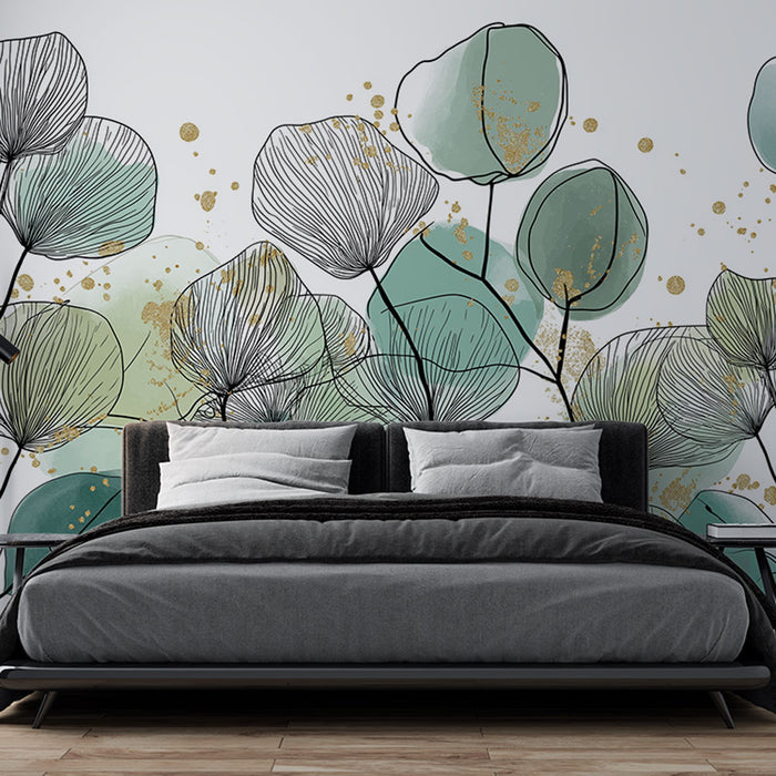 Une chambre moderne avec un papier peint floral aux lignes délicates, mêlant des teintes vertes et des touches dorées, créant une atmosphère apaisante et élégante.