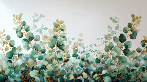 Papier peint feuillage aquarelle Feuilles vertes et dorées sur un fond doux