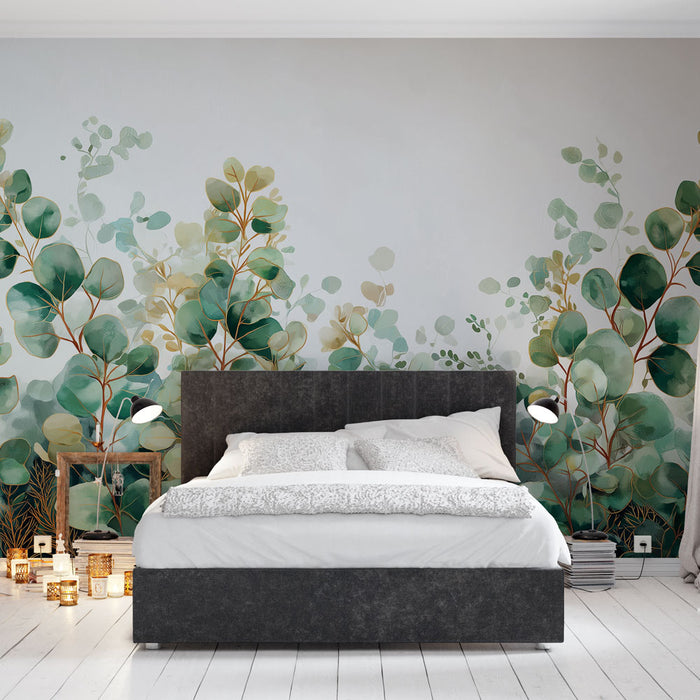 Une chambre moderne avec un papier peint végétal représentant des feuilles d'eucalyptus aux teintes vertes et dorées, créant une atmosphère apaisante et naturelle.