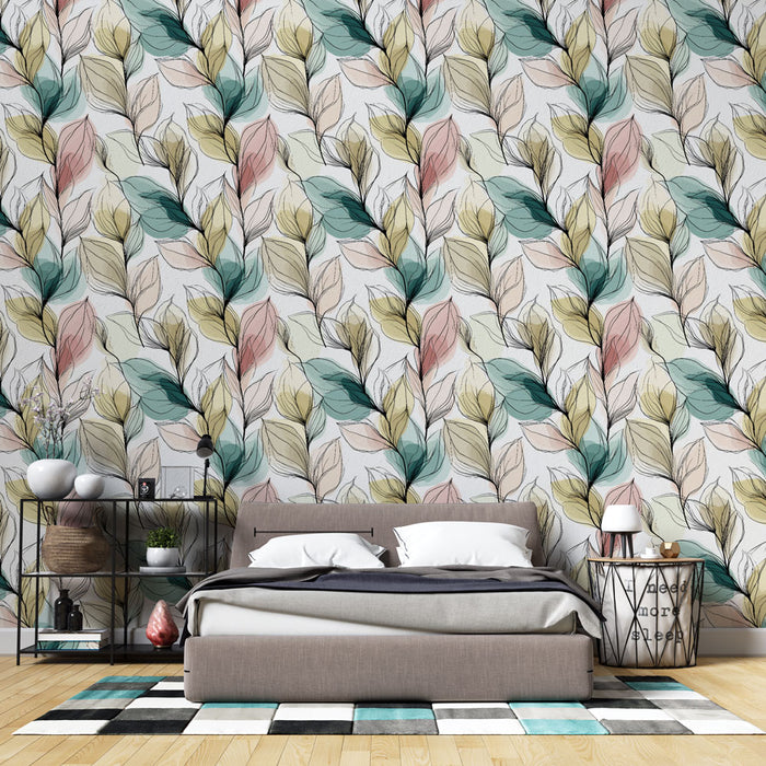 Une chambre moderne avec un papier peint floral aux motifs de feuilles délicates dans des teintes pastel, créant une atmosphère douce et apaisante.