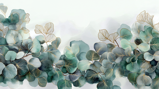 Papier peint feuillage aquarelle Motif floral délicat avec des touches dorées