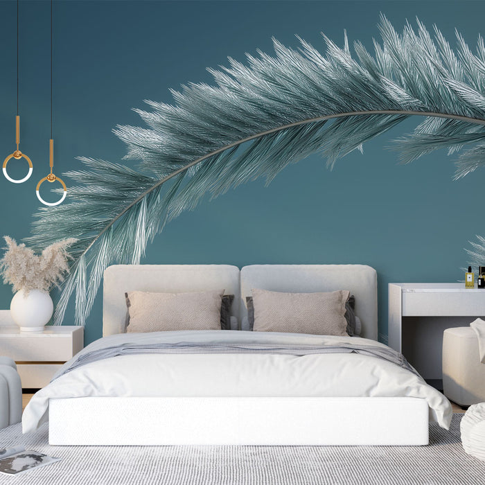Une chambre moderne avec un papier peint représentant une grande feuille délicate sur fond bleu, créant une atmosphère apaisante et élégante.