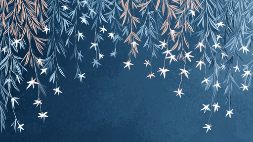 Papier peint feuillage aquatique Feuilles suspendues sur un fond bleu profond