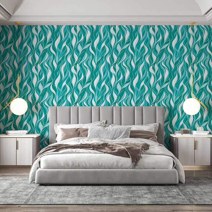 Une chambre élégante avec un papier peint aux motifs fluides turquoise et blancs évoquant une ambiance dynamique et apaisante.