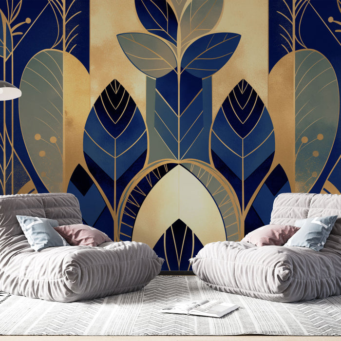 Un salon moderne avec un papier peint aux motifs botaniques stylisés en bleu et or, créant une ambiance élégante et chaleureuse.