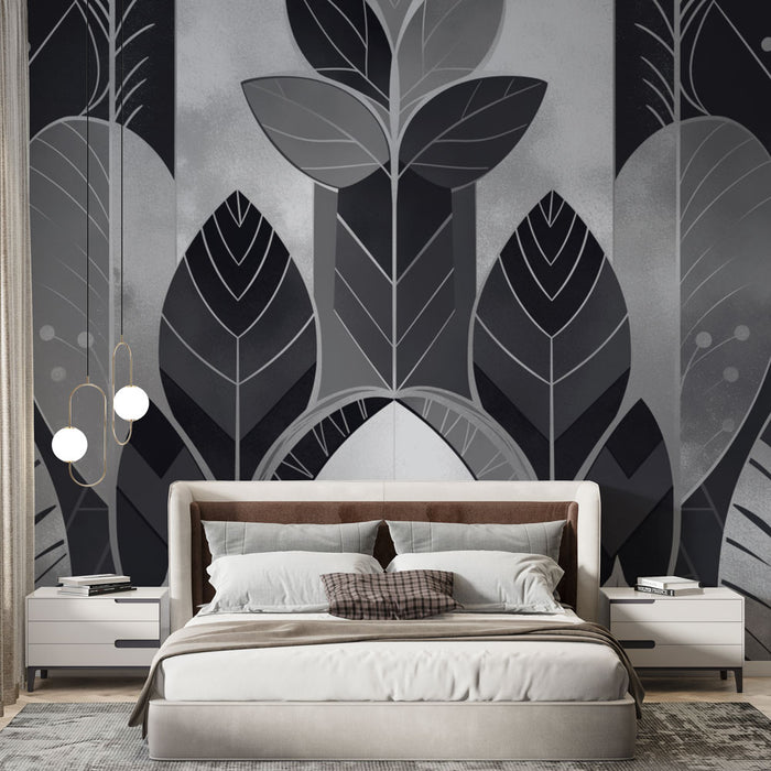 Une chambre moderne avec un papier peint graphique en nuances de gris représentant de grandes feuilles stylisées, créant une atmosphère élégante et apaisante.