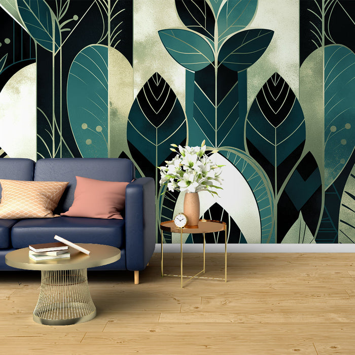 Un salon moderne avec un papier peint botanique aux motifs de grandes feuilles vertes et dorées sur fond noir, créant une atmosphère élégante et apaisante.
