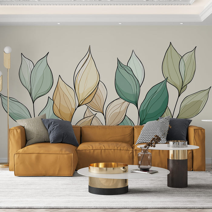 Un salon moderne avec un papier peint illustrant de grandes feuilles stylisées dans des teintes vertes et dorées, créant une atmosphère apaisante et naturelle.