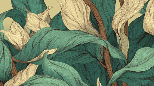 Papier peint feuillage artistique Motifs de feuilles en teintes vertes et beiges