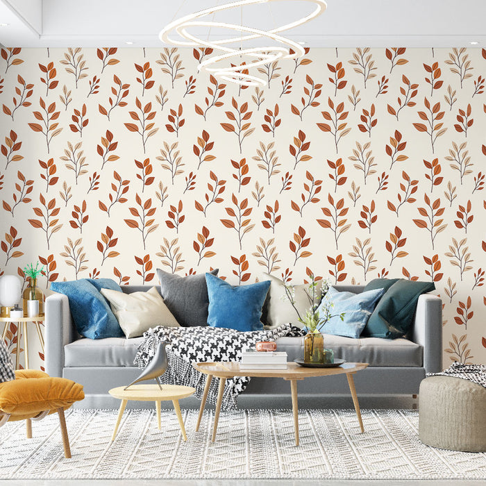 Un salon moderne avec un papier peint floral crème et terracotta, aux motifs de feuilles délicates, créant une atmosphère chaleureuse et accueillante.