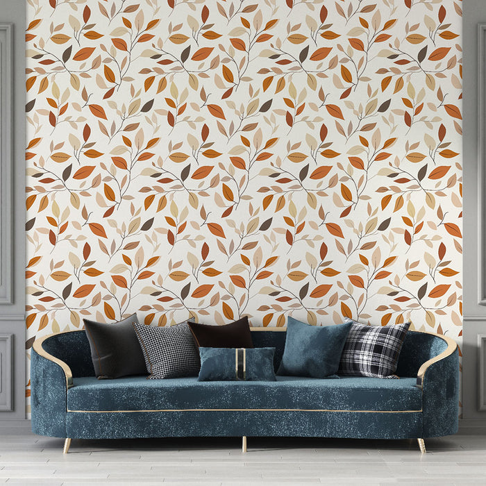 Un salon élégant avec un papier peint aux motifs de feuilles aux teintes chaudes de rouge, orange et beige, créant une atmosphère chaleureuse et accueillante.