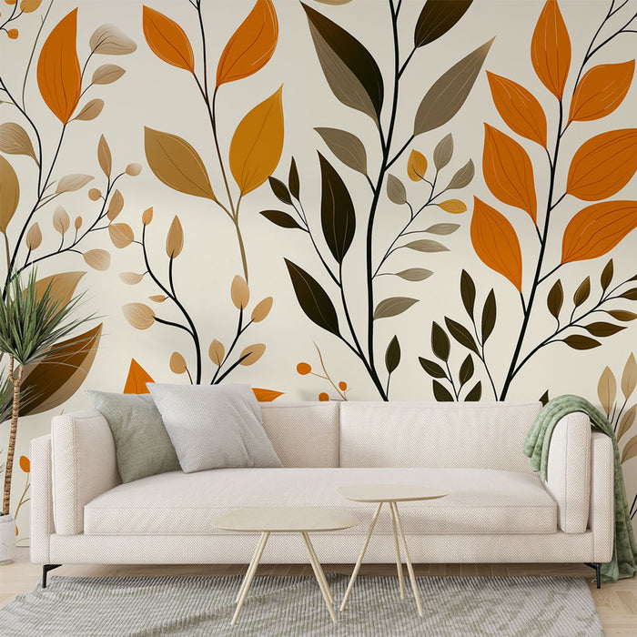 Papier peint feuillage automnal | Motif chaleureux avec des feuilles d'orange et de brun