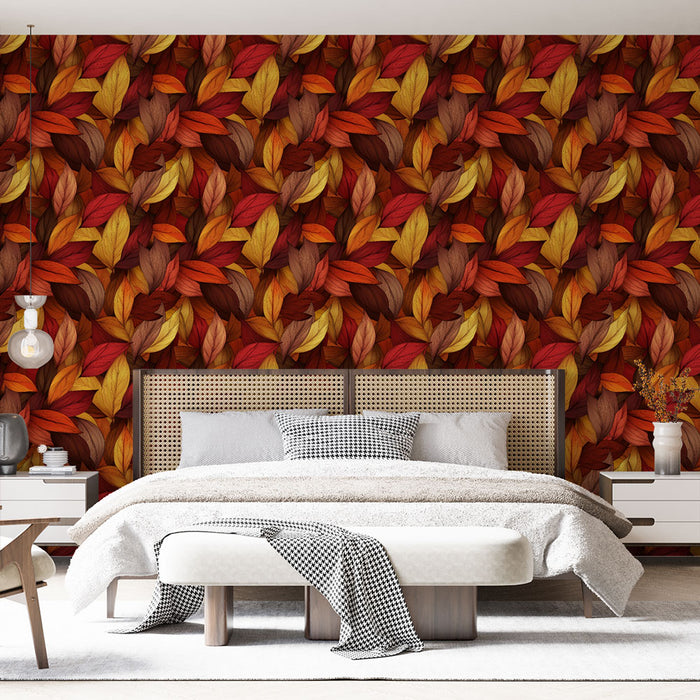 Une chambre moderne avec un papier peint aux motifs de feuilles aux teintes chaudes de rouge, orange et jaune, créant une ambiance chaleureuse et accueillante.