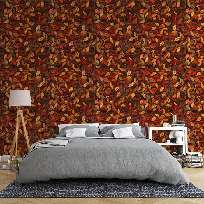 Une chambre moderne avec un papier peint aux motifs de feuilles automnales dans des teintes chaudes de rouge, orange et marron, créant une ambiance chaleureuse et accueillante.