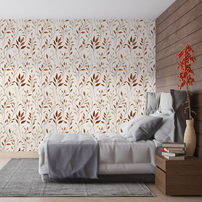 Une chambre moderne avec un papier peint floral aux motifs de feuilles rouges et dorées sur fond clair, créant une ambiance chaleureuse et accueillante.