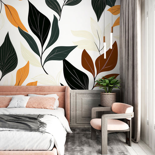 Papier peint feuillage automnal avec motif élégant de feuilles colorées pour chambre moderne