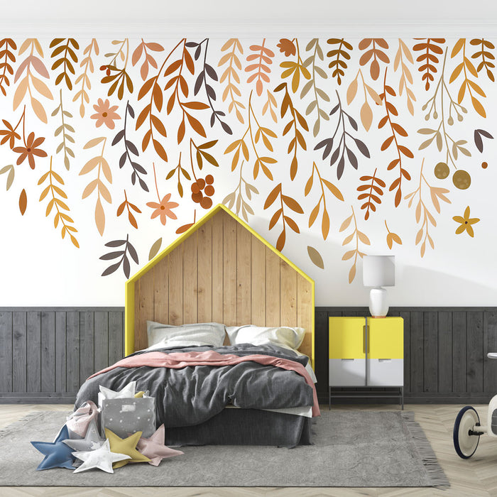 Une chambre moderne avec un papier peint floral aux teintes chaudes de marron, orange et rose, créant une ambiance chaleureuse et accueillante.