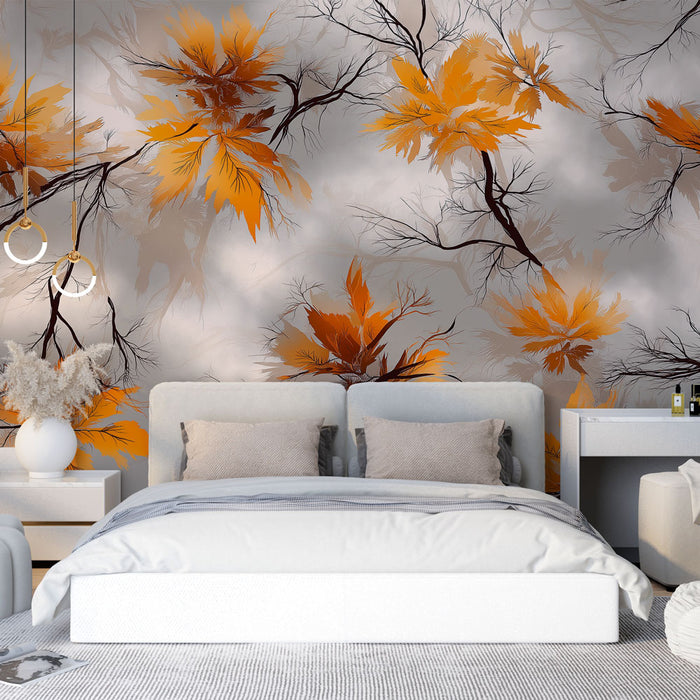 Une chambre moderne avec un papier peint aux motifs floraux orange et marron sur fond gris, créant une atmosphère chaleureuse et accueillante.