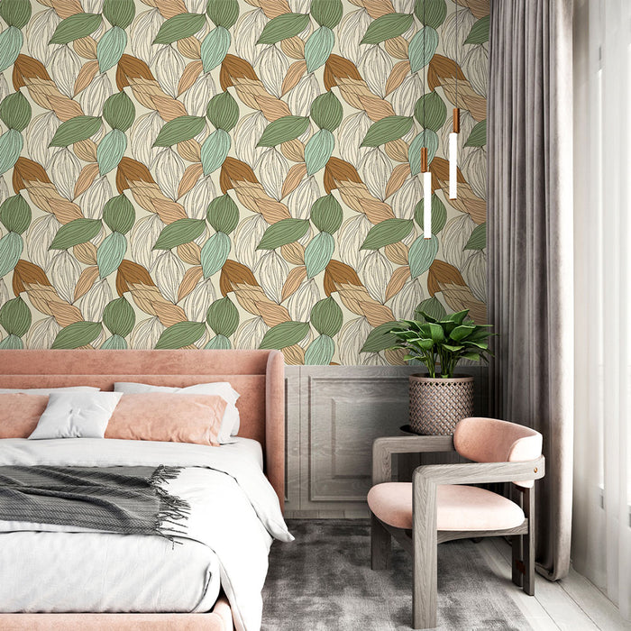Une chambre moderne avec un papier peint aux motifs de feuilles stylisées dans des teintes vertes, brunes et beiges, créant une ambiance naturelle et apaisante.