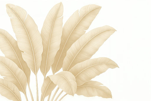 Papier peint aux motifs de grandes feuilles beige sur fond clair, créant une ambiance naturelle et apaisante, idéale pour un intérieur élégant.