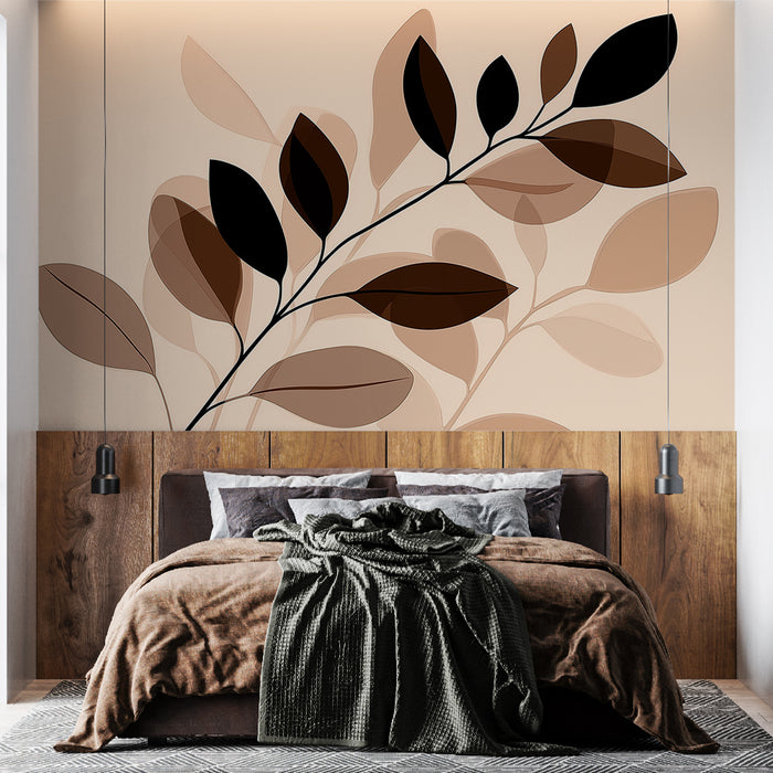 Papier peint feuillage beige et marron avec motifs poétiques pour chambre moderne