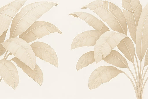 Papier peint aux motifs de grandes feuilles stylisées dans des teintes beige sur fond clair, évoquant une ambiance naturelle et apaisante.