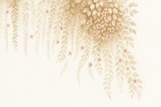 Papier peint délicat aux motifs de feuilles tombantes et de petites fleurs roses sur fond crème, créant une ambiance douce et apaisante.