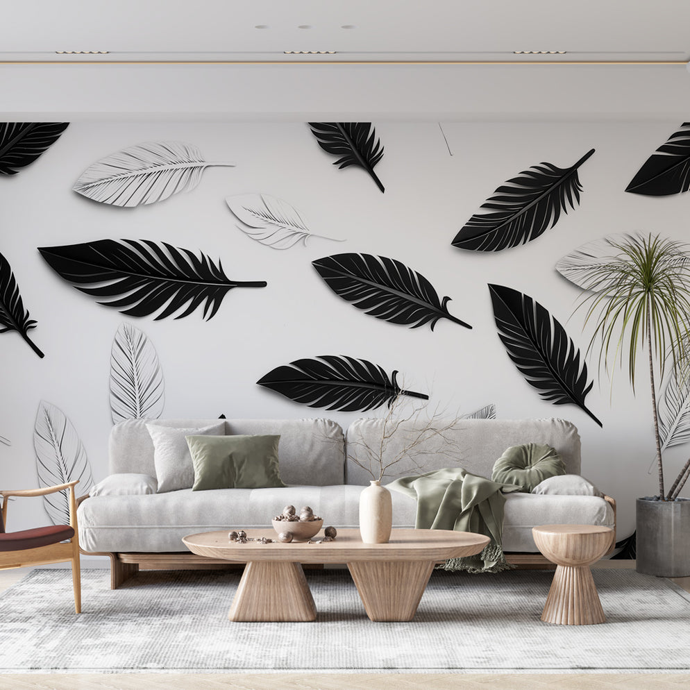 Papier peint feuillage bicolore | Motifs de feuilles noires et blanche ...