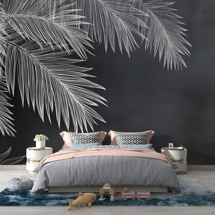 Une chambre moderne avec un papier peint noir orné de grandes feuilles blanches, créant une atmosphère élégante et apaisante.