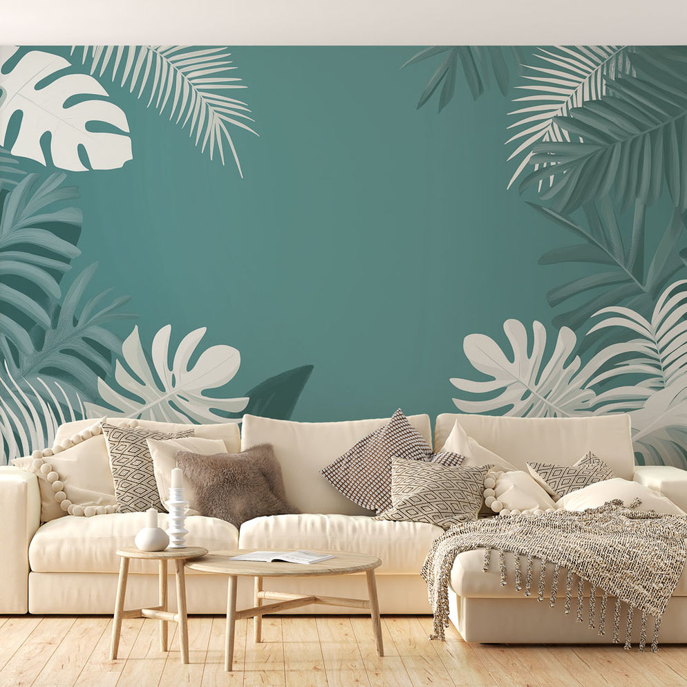 Papier peint feuillage bleu canard | Feuilles tropicales blanches sur ...