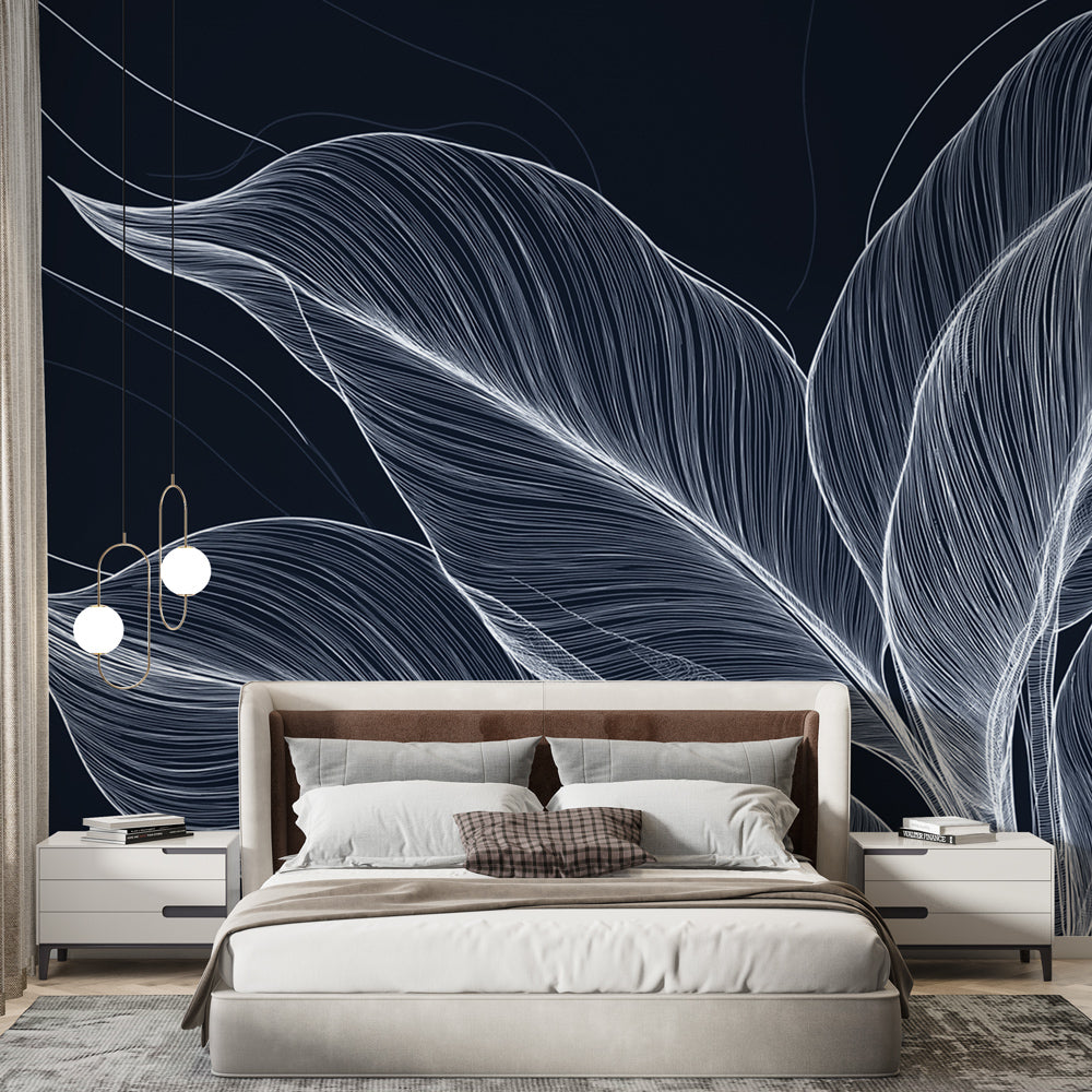 Papier peint feuillage bleu et blanc | Grandes feuilles art déco ...
