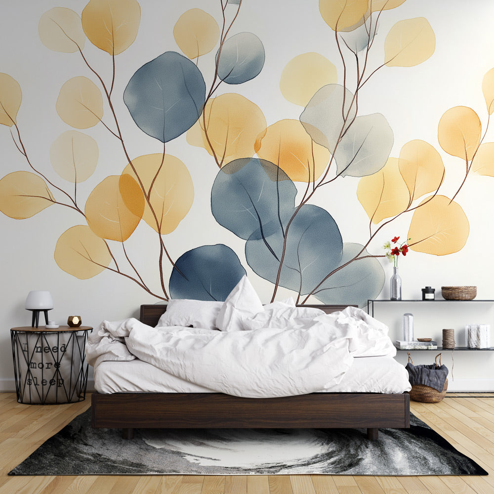 Papier peint feuillage bleu et doré | Feuilles légères sur fond clair ...