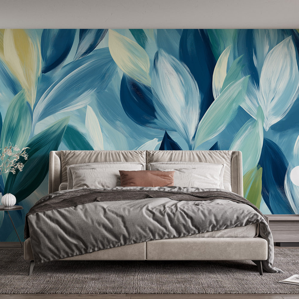 Papier peint feuillage bleu | Feuilles aux teintes variées et fond apa ...