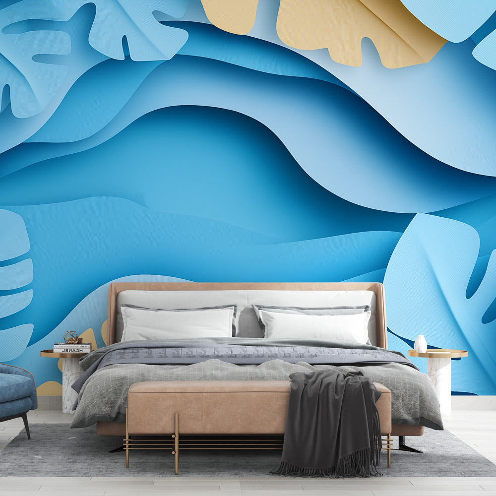 Papier peint feuillage bleu | Feuilles découpées et vagues apaisantes ...