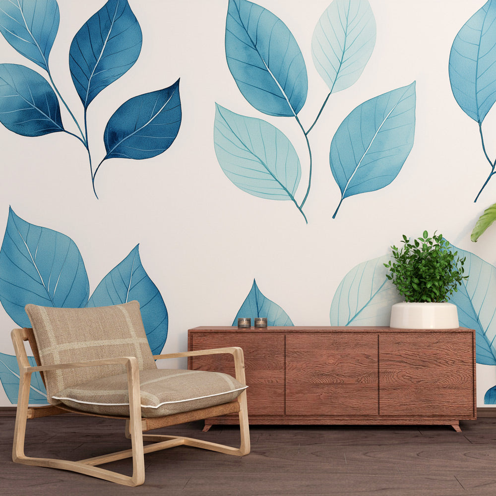 Papier peint feuillage bleu | Feuilles délicates dans des nuances apai ...