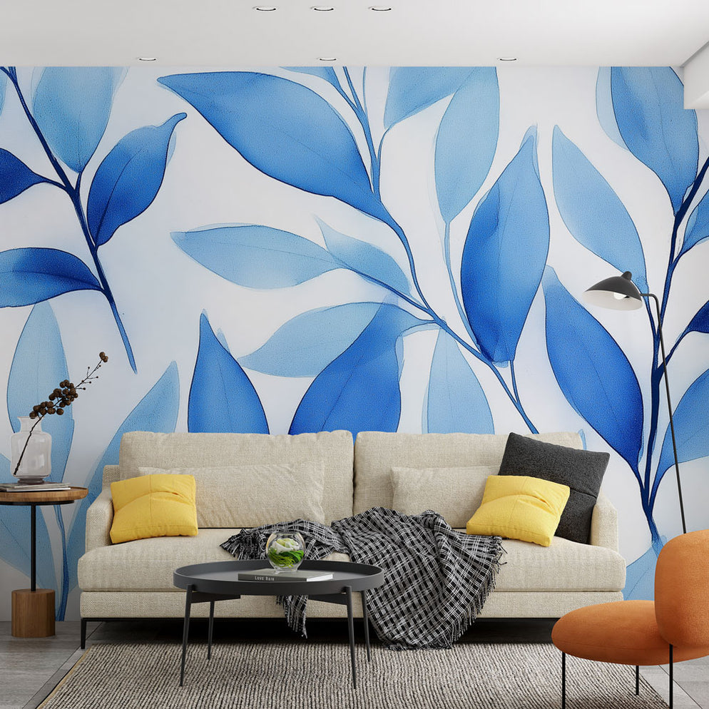 Papier peint feuillage bleu | Feuilles délicates et motifs apaisants ...