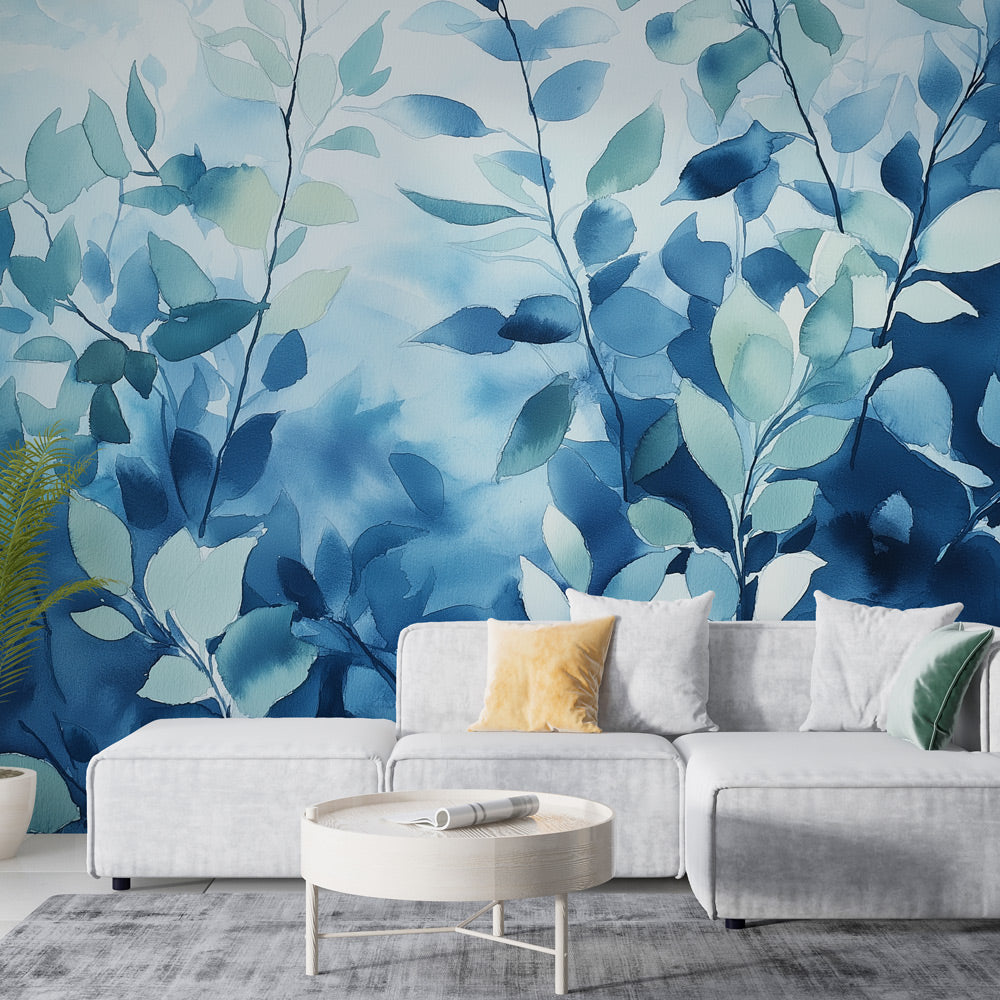 Papier peint feuillage bleu | Feuilles délicates et nuances apaisantes ...