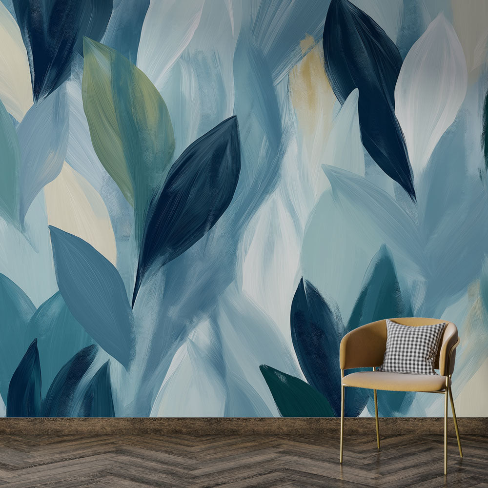 Papier peint feuillage bleu | Feuilles douces et motifs apaisants ...