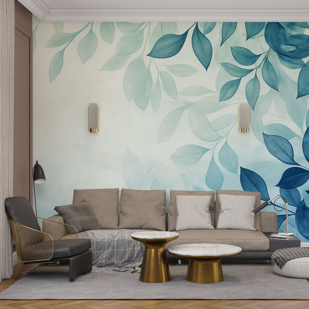 Papier peint feuillage bleu | Feuilles élégantes sur fond aquatique ...