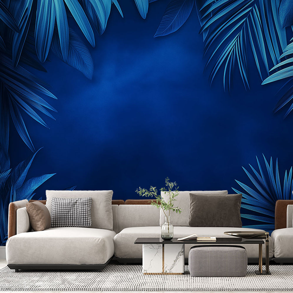 Papier peint feuillage bleu | Feuilles tropicales sur fond profond ...