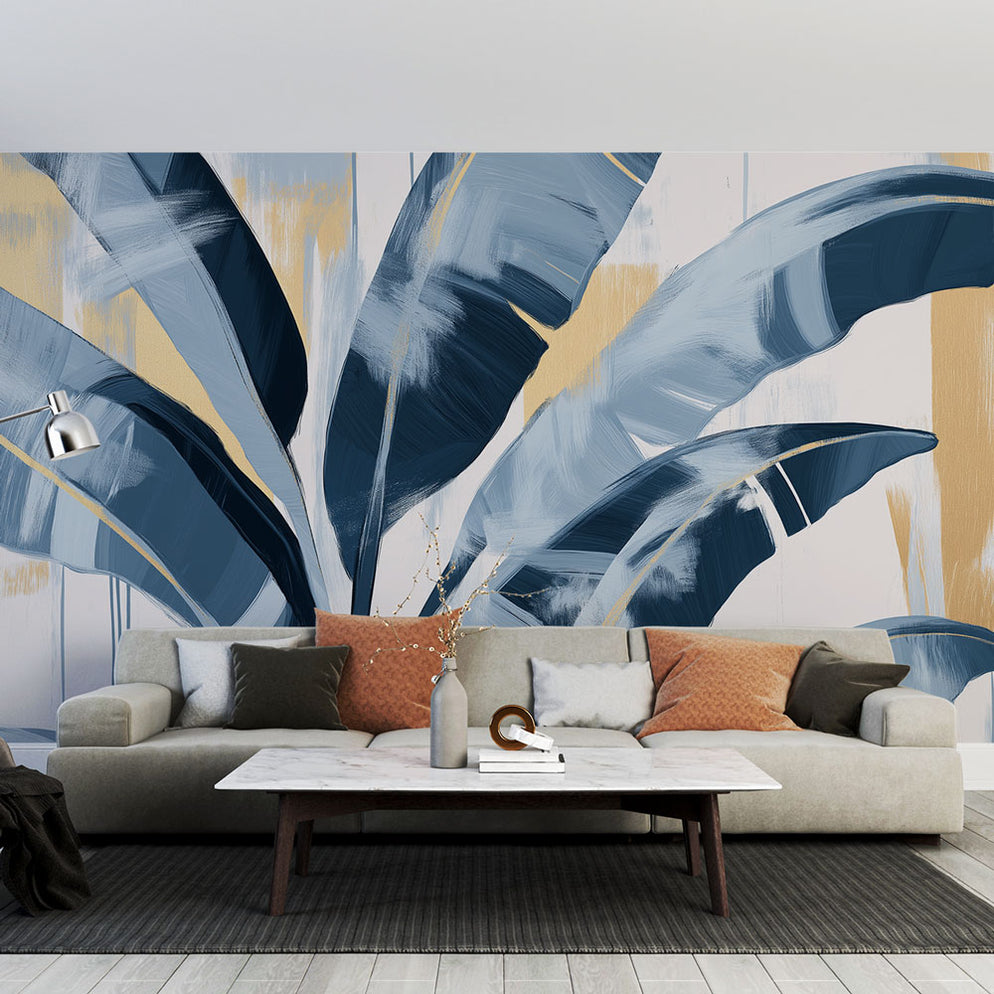 LePapierPeint Papier peint feuillage bleu | Grandes feuilles bleues ...