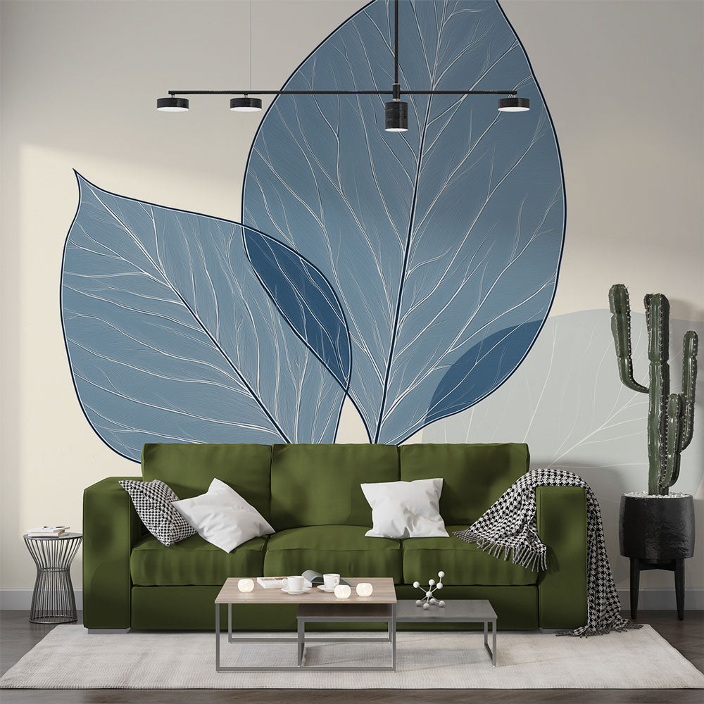 Papier peint feuillage bleu | Grandes feuilles délicates et fond doux ...