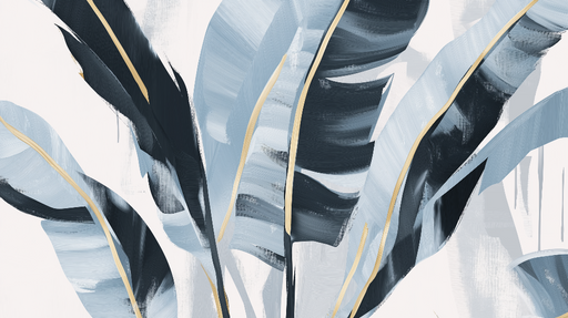 Papier peint feuillage bleu Grandes feuilles élégantes et touches dorées