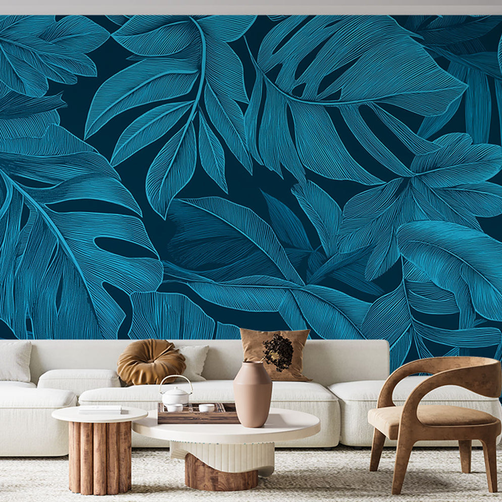 Papier peint feuillage bleu | Grandes feuilles et fond sombre ...
