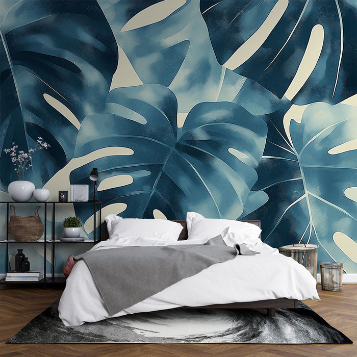 Papier peint feuillage bleu | Grandes feuilles tropicales sur fond clair