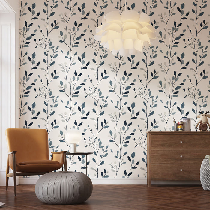 Une pièce moderne avec un papier peint floral aux motifs de branches délicates dans des teintes de bleu et de vert sur fond clair, créant une ambiance apaisante et élégante.