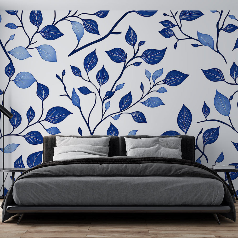 Papier peint feuillage bleu | Motif délicat avec nuances fraîches et f ...